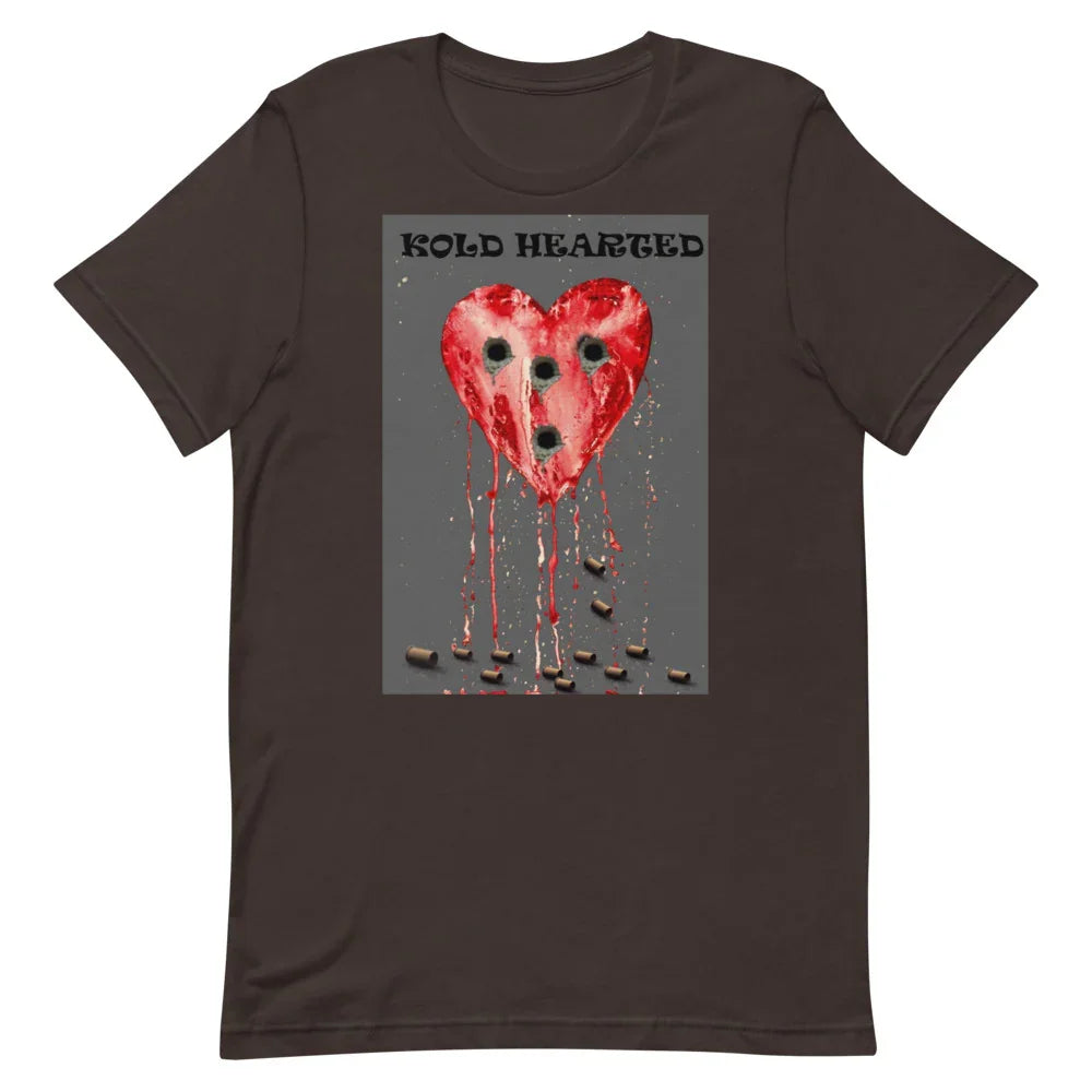 Black t-shirt with graphic of a bleeding heart with bullet holes and 'Kold Hearted' text
