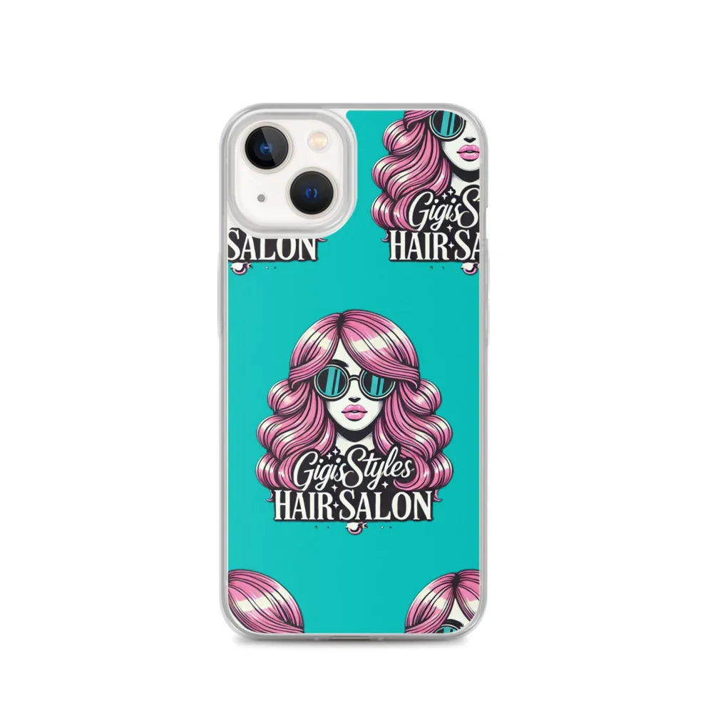 Teal phone case with pink-haired woman, sunglasses, and 'Gigi's Styles Hair Salon' text design.