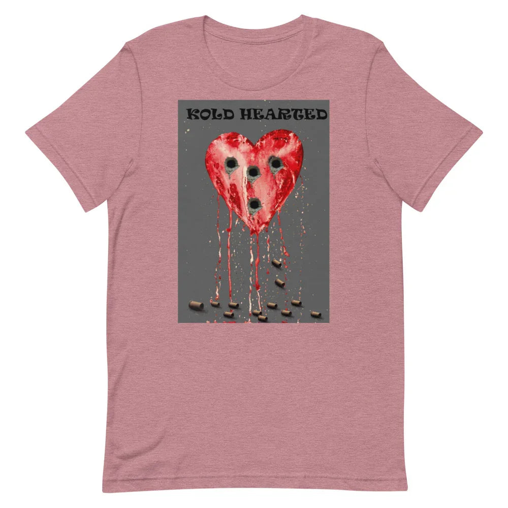 Pink t-shirt with graphic of bleeding heart with holes, text 'Kold Hearted' above.