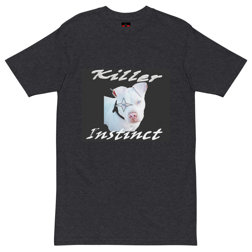 Charcoal t-shirt featuring a graphic of a white dog with blue eyes and the text Killer Instinct.