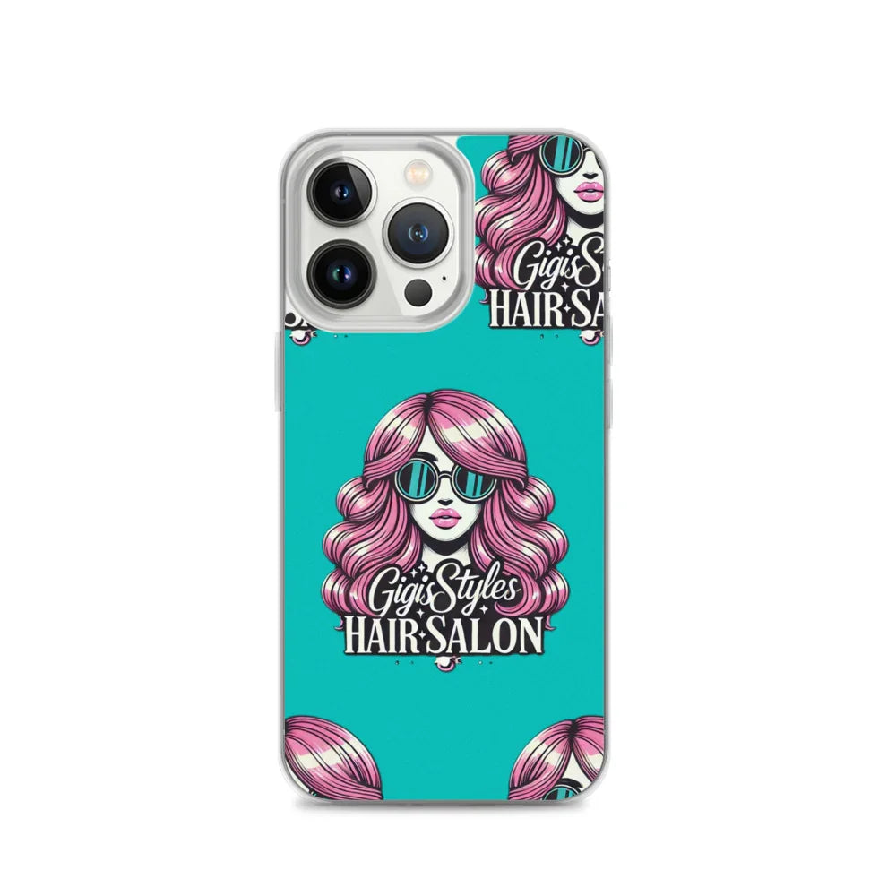 Turquoise phone case with graphic of woman with pink hair, sunglasses, and 'Gigi's Styles Hair Salon' text