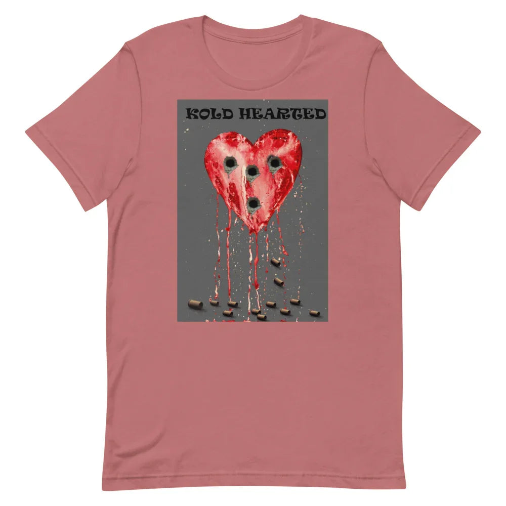 Pink graphic t-shirt with bleeding red heart and bullet holes, Kold Hearted text on front.