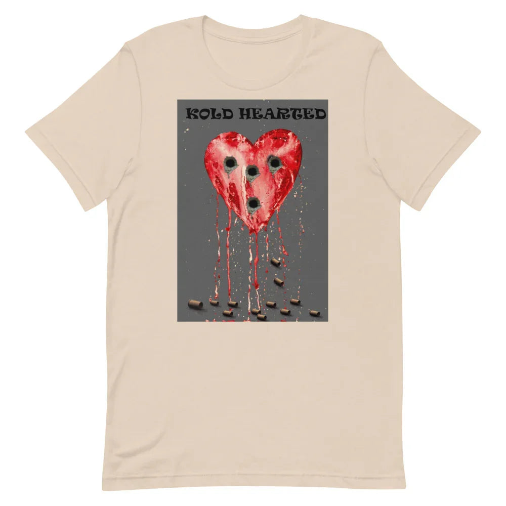 Beige graphic tee with bleeding heart and bullet holes, labeled Kold Hearted
