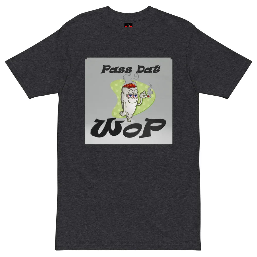 Charcoal t-shirt featuring cartoon smoking joint, text 'Pass Dat Wop,' humorous graphic tee