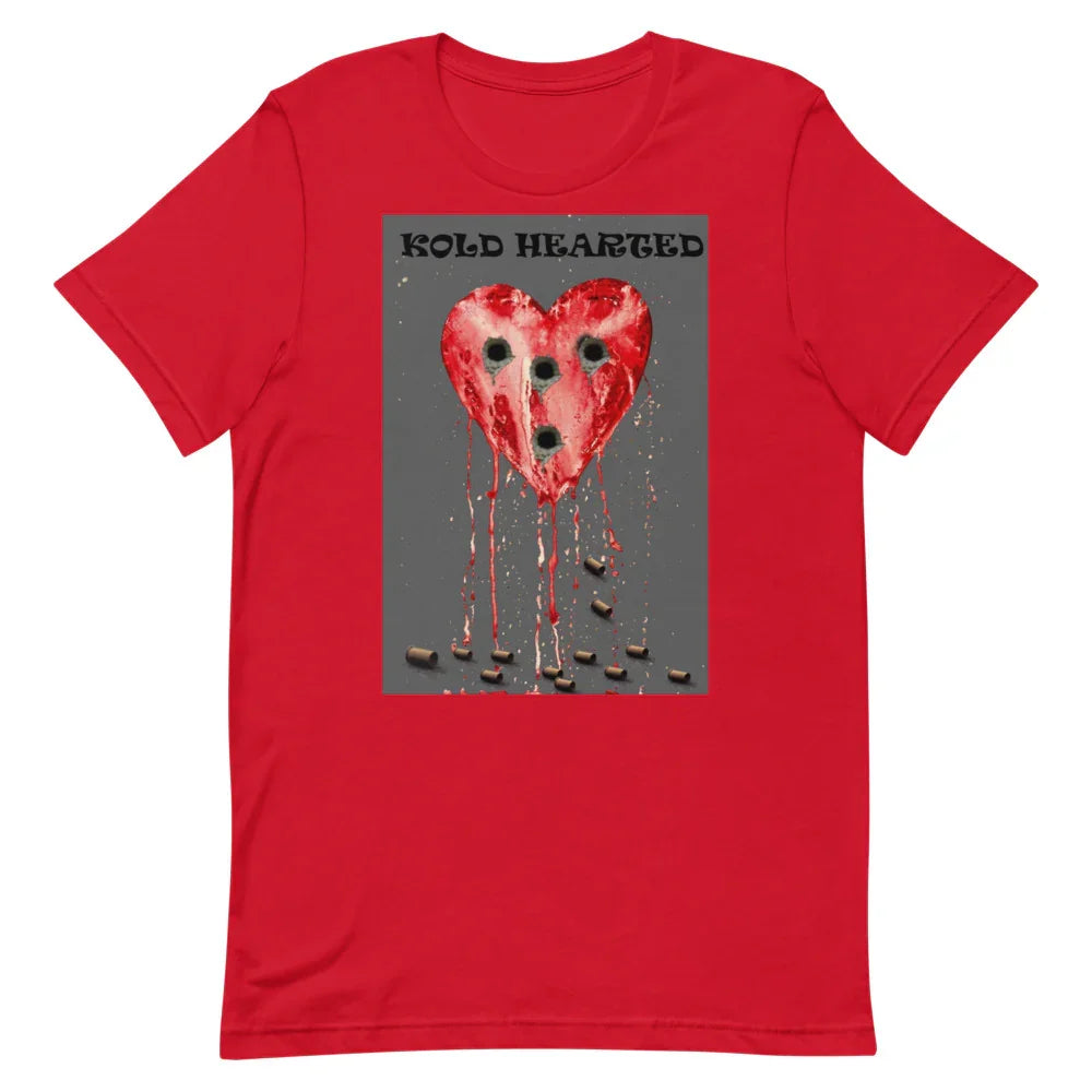 Red graphic t-shirt with bleeding heart design, bullet holes, and 'Kold Hearted' text.