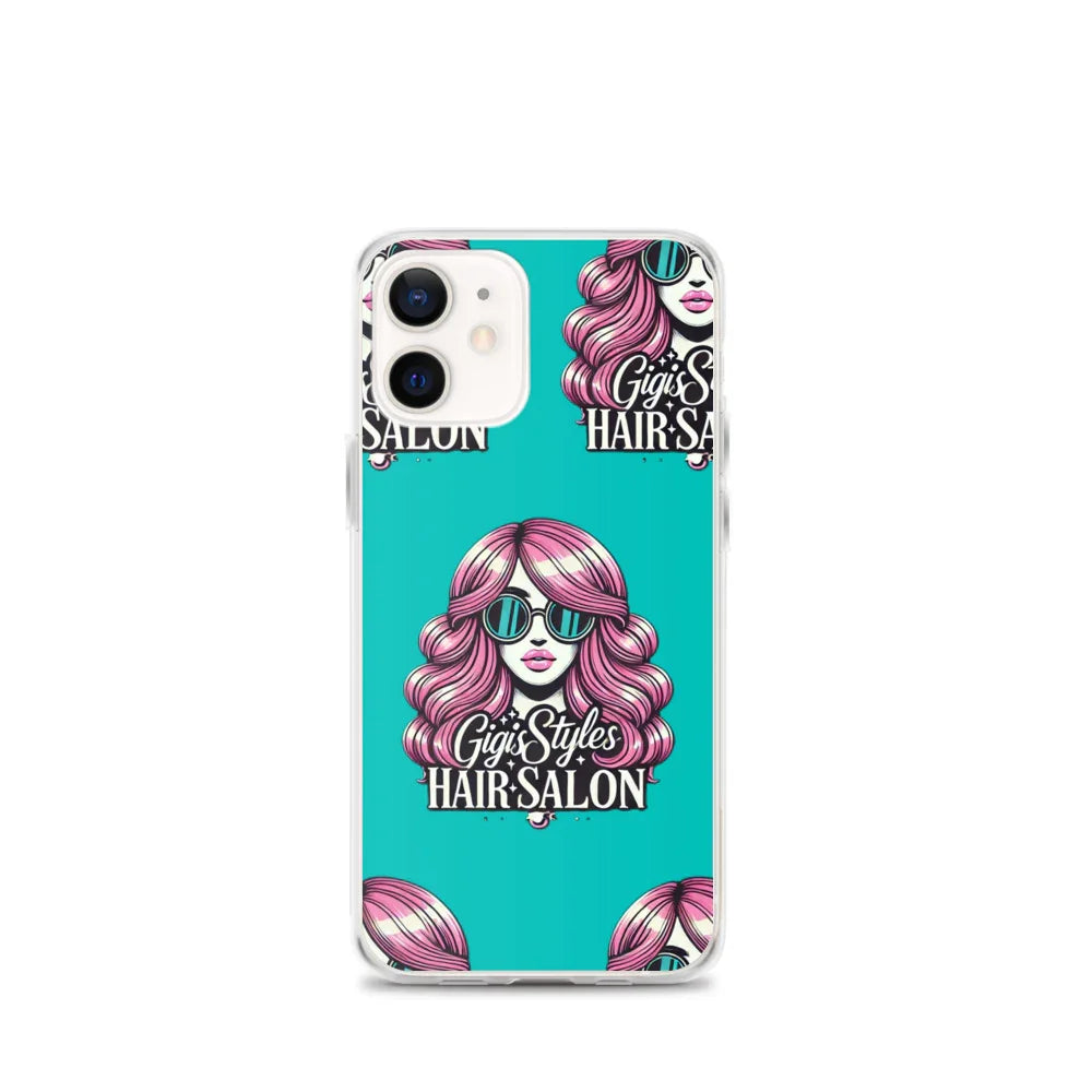 iPhone case with pink-haired woman wearing sunglasses and 'Gigi's Styles Hair Salon' text on teal background