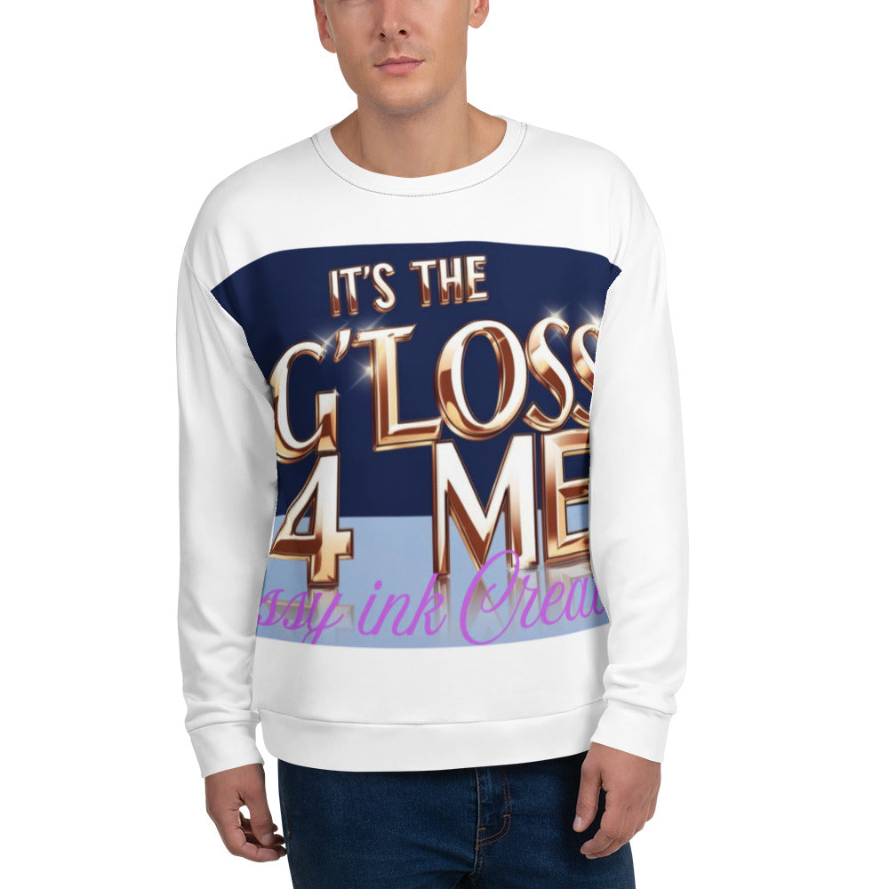 Man wearing white sweatshirt with bold gold text saying 'It's the G'Loss 4 Me' on the front