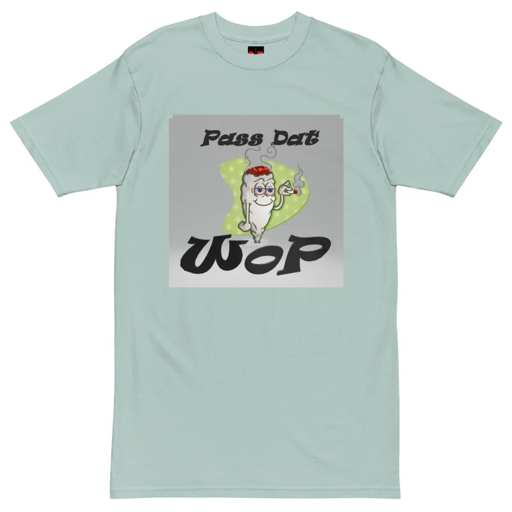 Light green graphic T-shirt with cartoon smoking joint and text 'Pass Dat Wop' design.