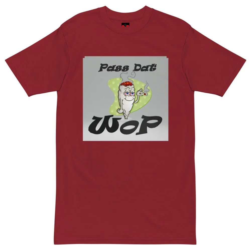 Red t-shirt with cartoon joint character, smoking, and text 'Pass Dat Wop' graphic