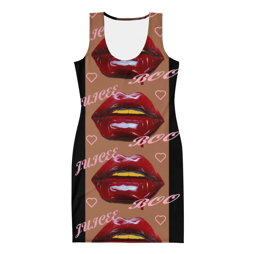 Bodycon dress with bold red lips, gold teeth, and pink hearts, featuring 'Juice' and 'Boo' text.