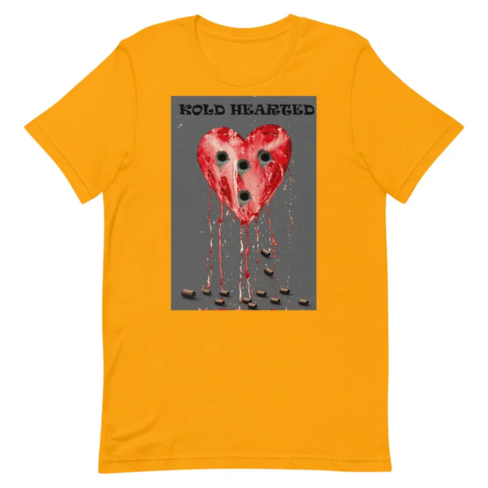Yellow t-shirt with graphic of a bleeding heart with bullet holes and spilled bullet casings, text 'Kold Hearted' above design.
