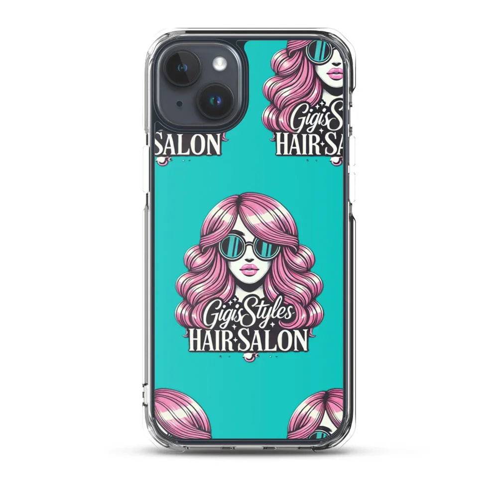 iPhone case with Gigi’s Styles Hair Salon design, featuring a woman with pink hair and sunglasses on a teal background