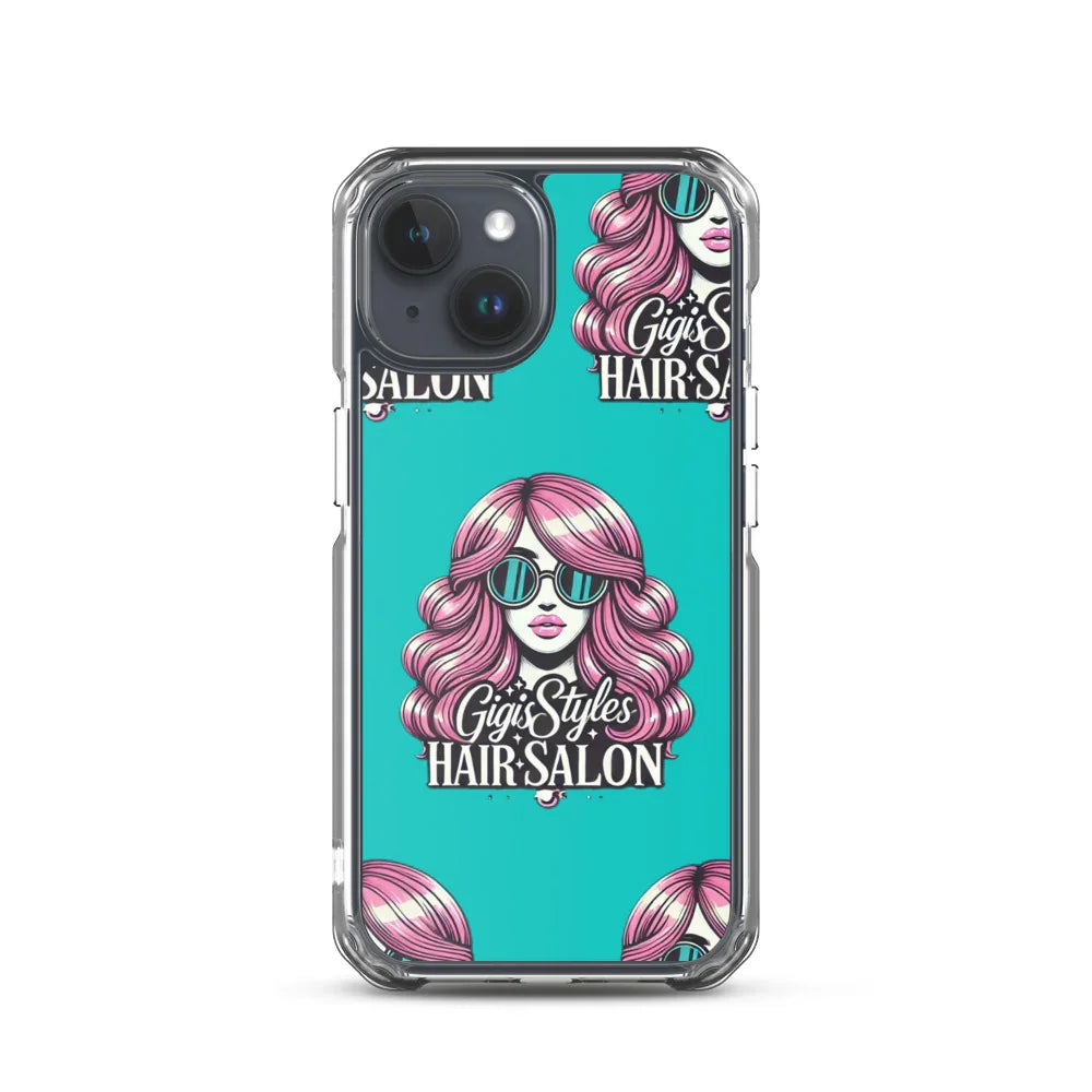 iPhone case with pink-haired woman in sunglasses, Gigi Styles Hair Salon logo on teal background