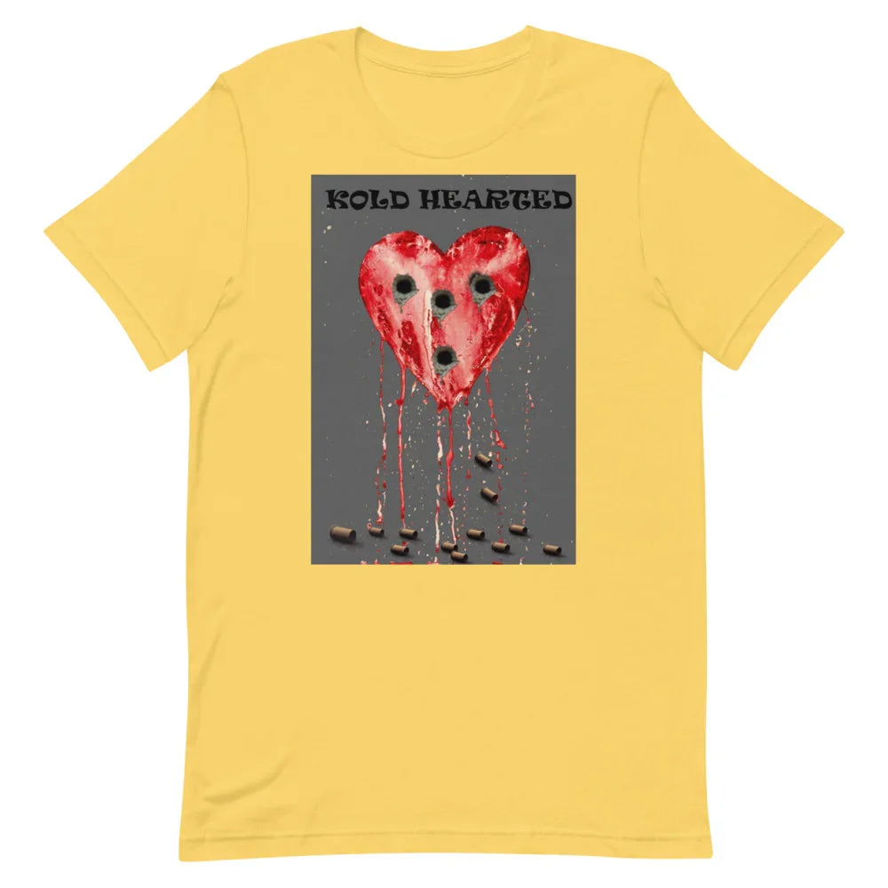 Yellow t-shirt featuring a graphic red heart with holes, dripping and scattered objects, text 'KOLD HEARTED'.