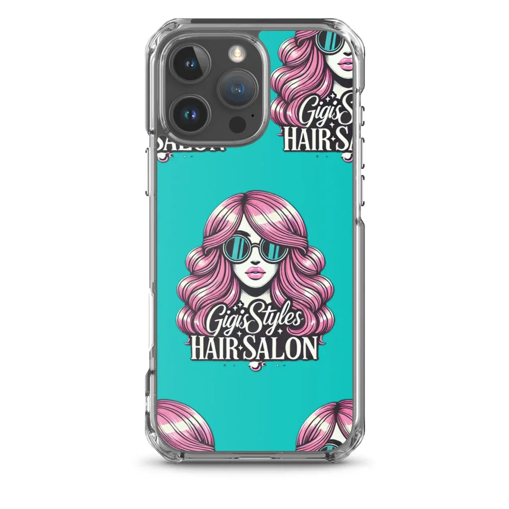 Turquoise phone case with Gigi's Styles Hair Salon logo, pink hair woman with sunglasses graphic.
