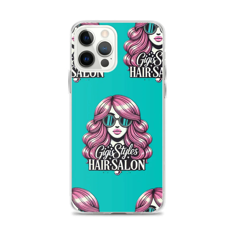 Teal phone case featuring a cartoon woman with pink hair, sunglasses, and 'Gigi's Styles Hair Salon' text.