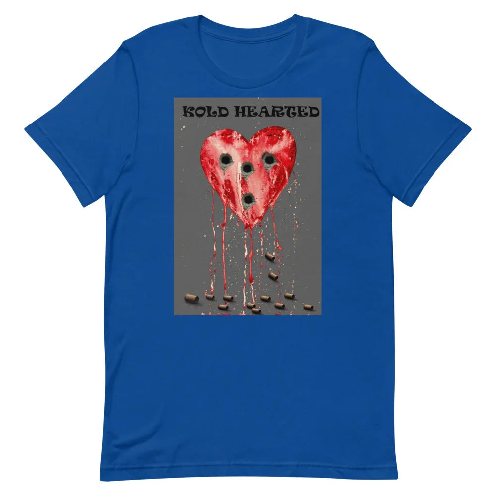 Blue t-shirt with graphic of a bleeding heart and bullet holes, text 'Kold Hearted' above