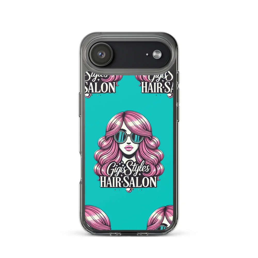 Phone case with a graphic of a woman with pink hair, sunglasses, and 'Gigi Styles Hair Salon' text on teal background