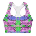 Colorful racerback sports bra with Luscious Island text, green hearts, and geometric pattern