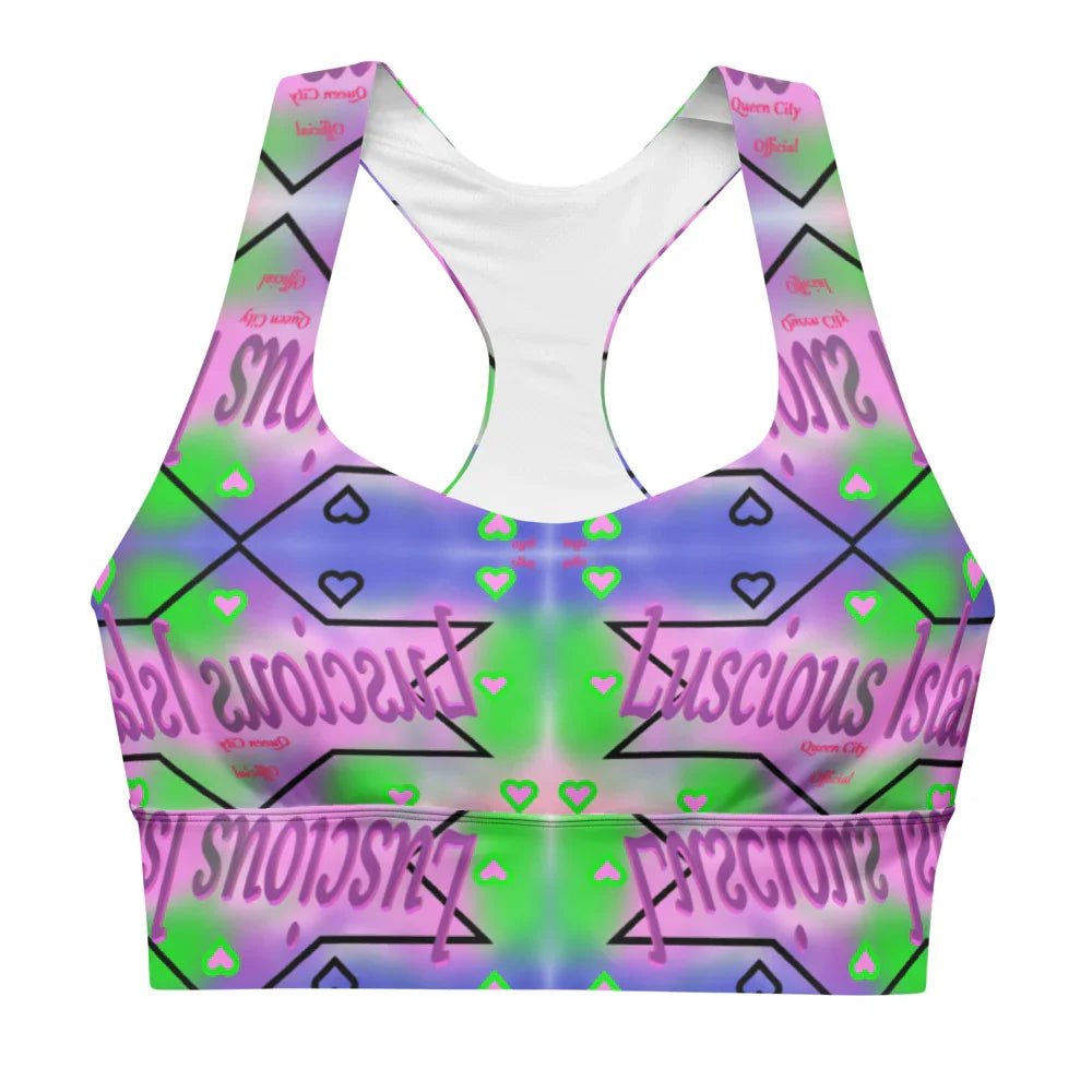 Colorful racerback sports bra with Luscious Island text, green hearts, and geometric pattern
