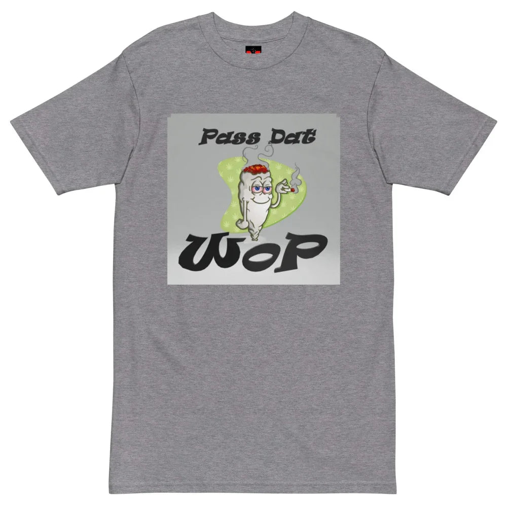 Gray graphic tee featuring cartoon rolled item with red headband, smoke, and 'Pass Dat WOP' text