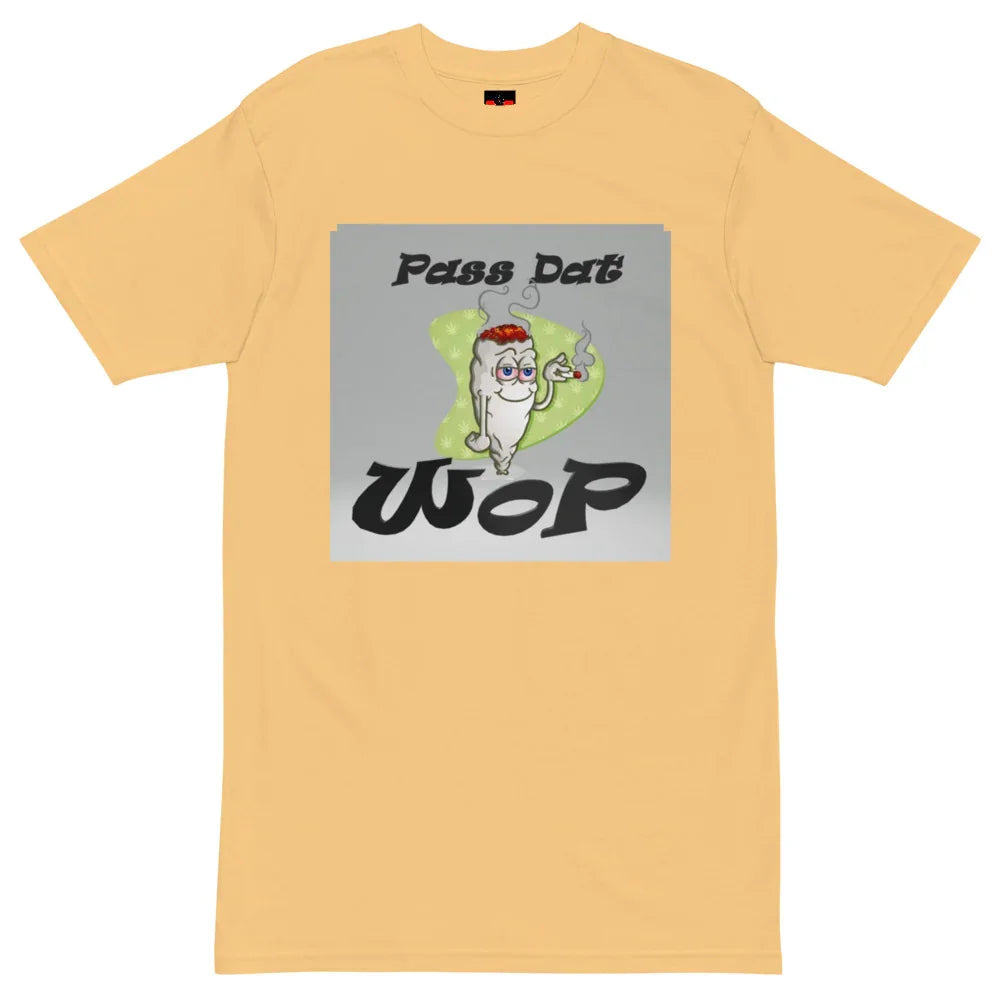Beige t-shirt featuring cartoon smoking joint, green background, and text 'Pass Dat WOP'.