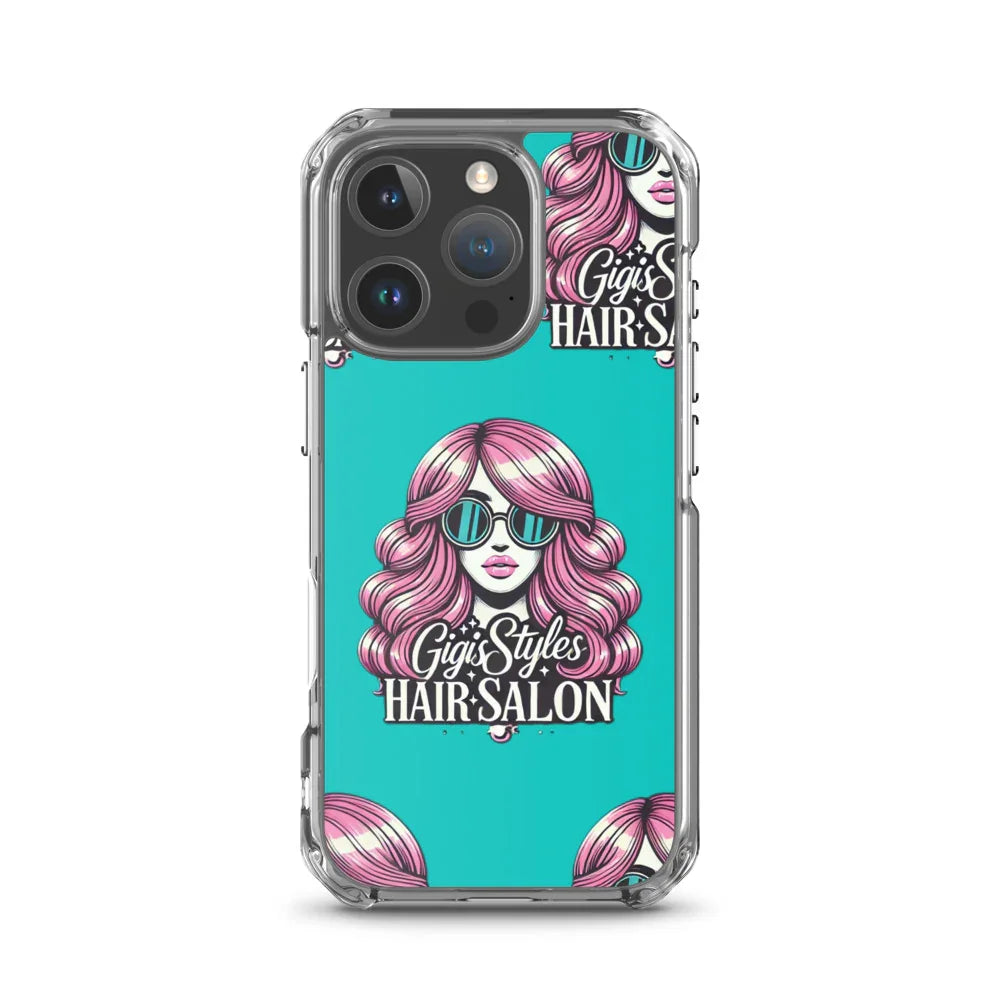 Phone case with cartoon woman with pink hair, sunglasses, and 'Gigi's Styles Hair Salon' text on teal background