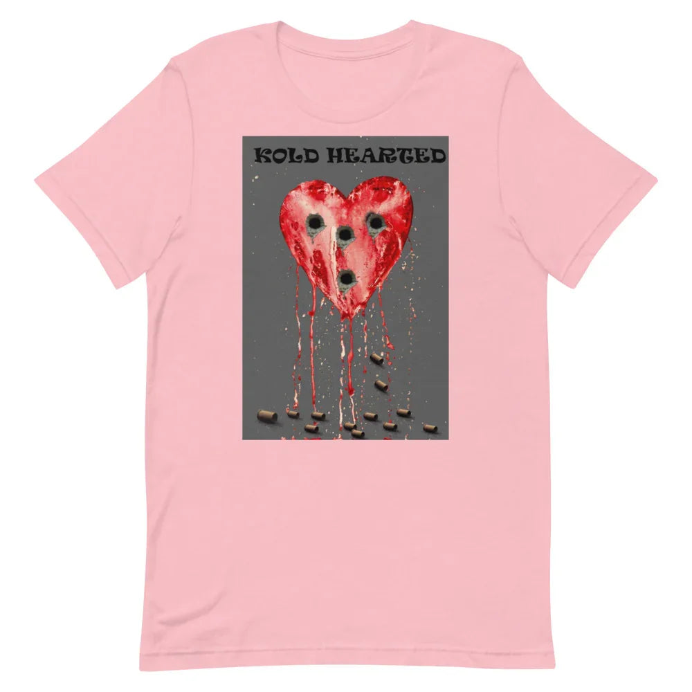 Pink t-shirt with red heart graphic, bullet holes, dripping paint, and 'Kold Hearted' text