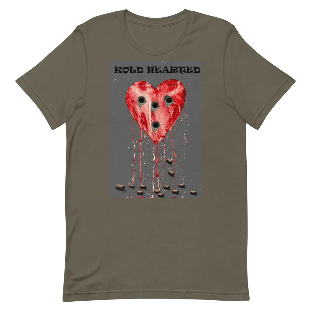 Olive green t-shirt with graphic red heart, bullet holes, and 'KOLD HEARTED' text, streetwear