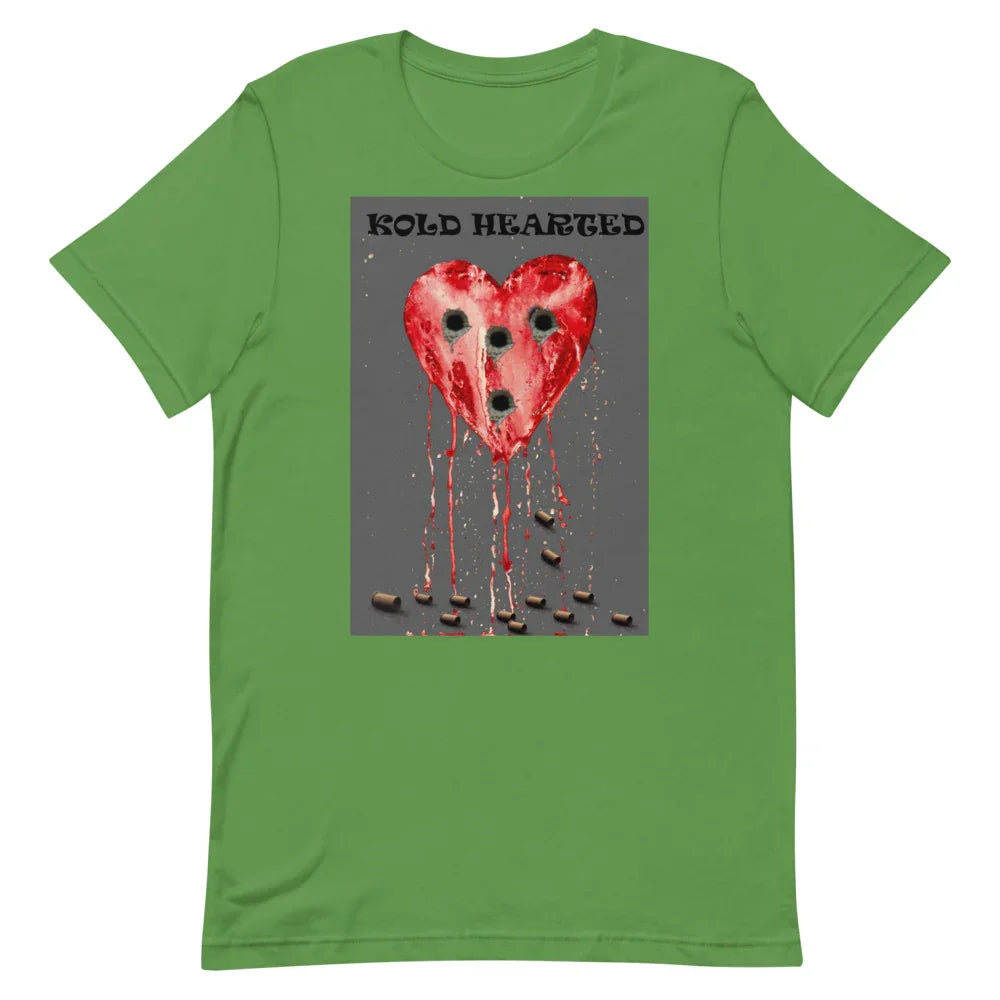 Green t-shirt with graphic of bleeding heart with holes, bullet casings, and 'KOLD HEARTED' text