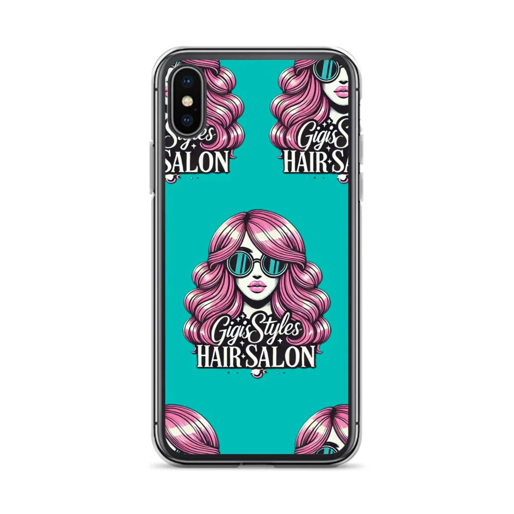 Phone case with pink-haired woman, sunglasses, and 'Gigi Styles Hair Salon' text on teal background