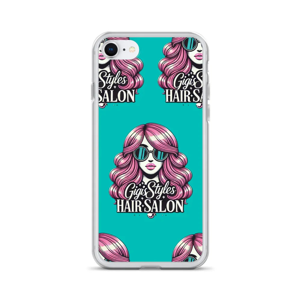 Teal phone case with pink-haired woman in sunglasses and 'Gigi Styles Hair Salon' text design