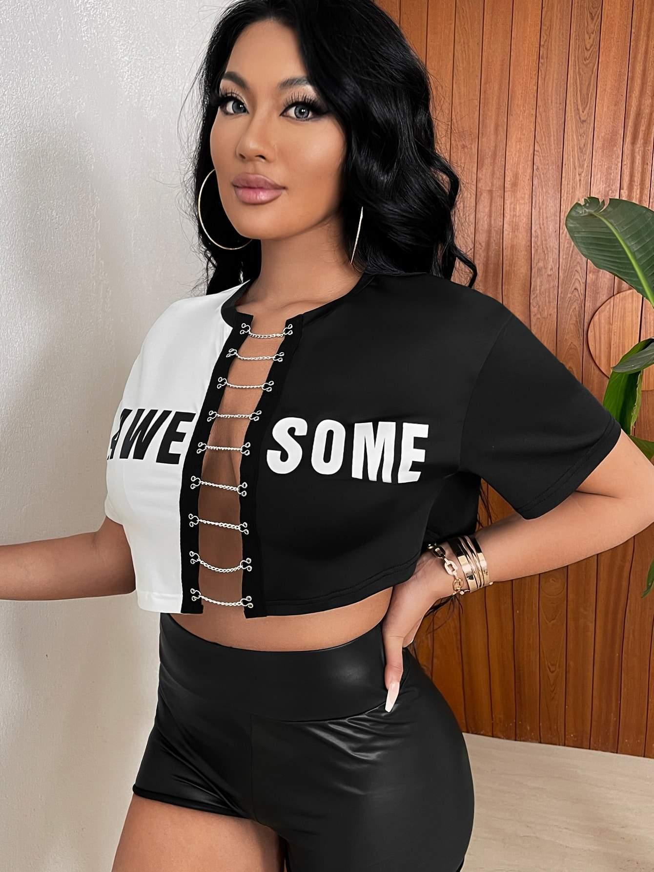 Europe and the United States new women's cross-border fashion letter cardigan T-shirt Amazon selling round neck color chain shirt by Hypersku