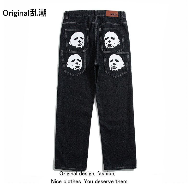 American street retro hip hop trend skull print jeans Vibe style nine point pants straight tube loose male trend by Hypersku