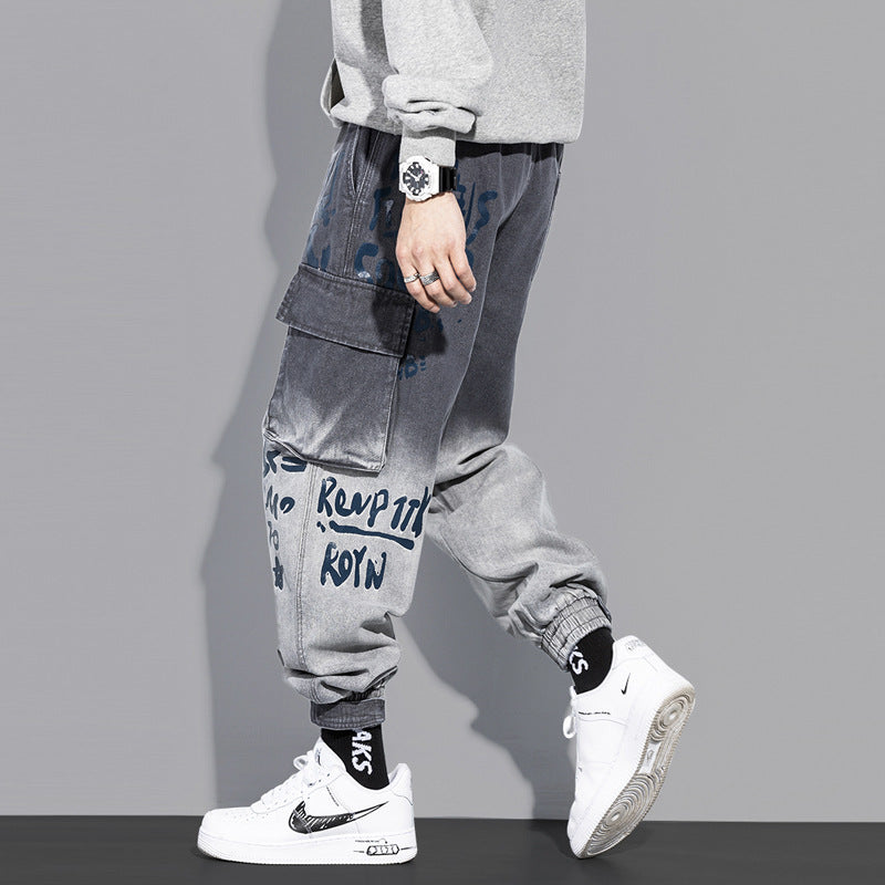 Spring and autumn multi-bag cargo jeans men's fashion brand gradual Korean version of the trend of pants loose casual boys bunched pants by Hypersku