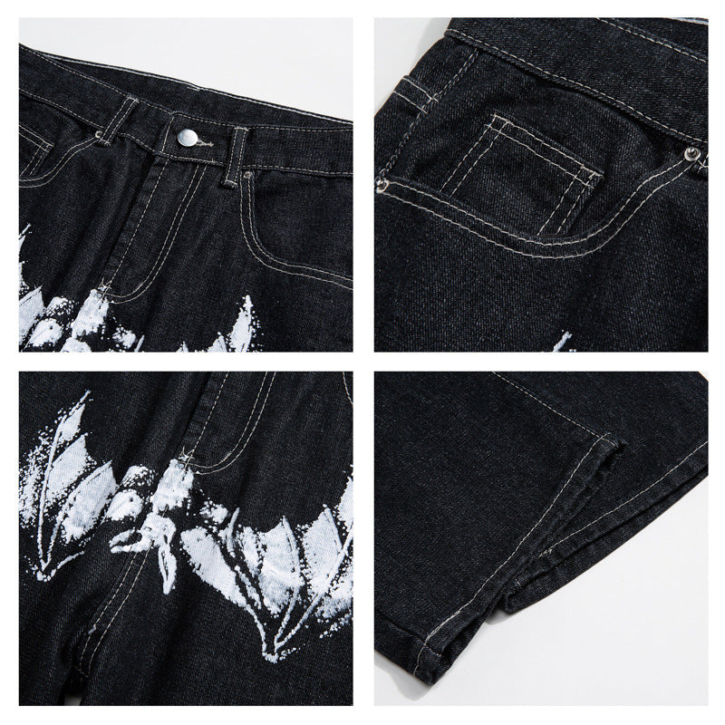 American street retro hip hop trend skull print jeans Vibe style nine point pants straight tube loose male trend by Hypersku