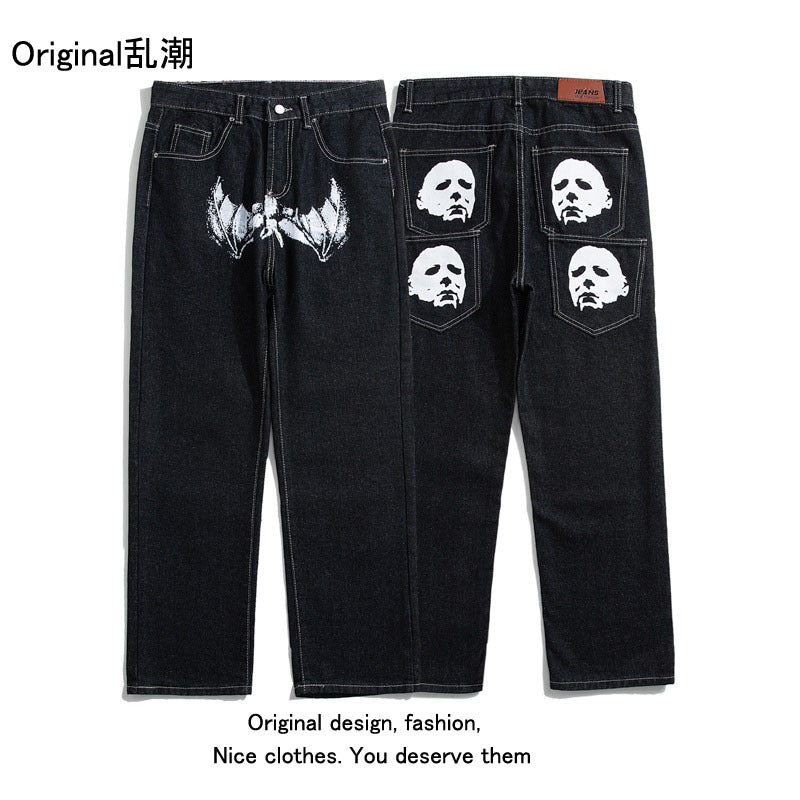American street retro hip hop trend skull print jeans Vibe style nine point pants straight tube loose male trend by Hypersku